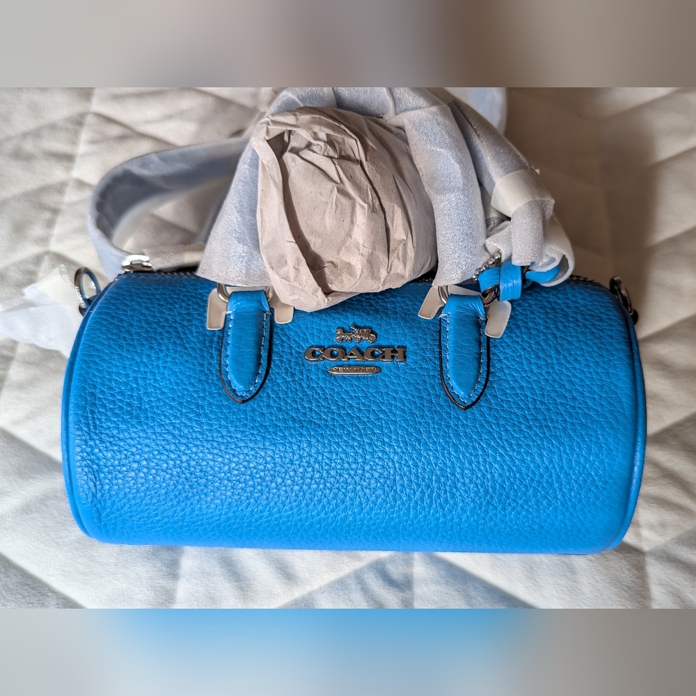 Coach Lacey Mini Barrel Crossbody Top Handle Bag Pebble Leather Electric Blue